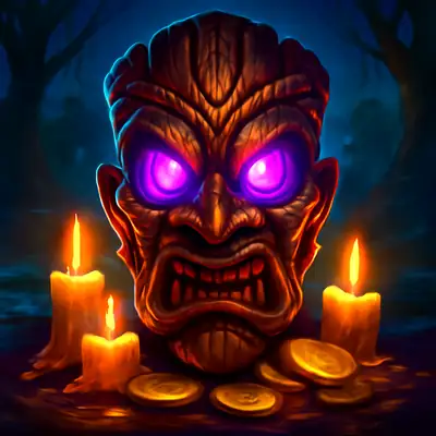 Houten voodoomasker met paarse ogen in Voodoo Coins van Belatra.